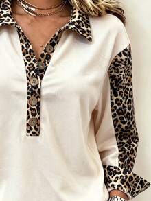 SHEIN LUNE Women's American Vintage Casual Leopard Print Patchwork Collared Long Sleeve Top, Half-Button Loose Contrast Color Casual Polo Shirt - Beige - View 5