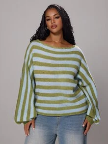 Rustia Women's Plus Size Loose Knit Striped Pullover Sweater - Green - View 3