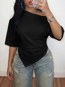 Slaydiva Casual Minimalist Black Plus Size T-Shirt - Black - View 6
