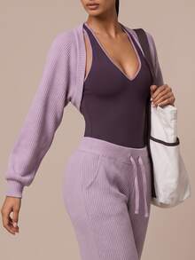 SHEIN BAE 純色長袖短版運動夾克 - 中紫紅色 - 查看 3