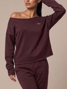SHEIN BAE Women Burgundy Letter Print Off Shoulder Long Sleeve Sports Sweatshirt Gym Workout Training Running Yoga Athletic Activewear - Red Violet - View 3