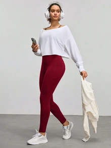 SHEIN With My Calm 女款高腰口袋休閒日常旅行運動緊身內搭褲 - 酒紅色 - 查看 3