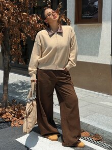 Dazy Plus 對比領寬鬆長袖雙拉鍊老錢風針織開襟衫 春秋款 - 卡其色 - 查看 4
