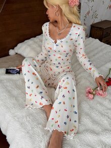 CottageSlumber Women's Pastoral Fruit Print Lace Collar Long Sleeve Long Pants Pajama Set - Apricot - View 5