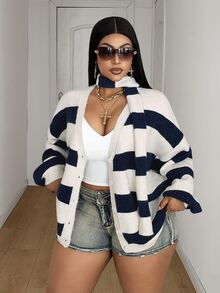 Maweii Cardigan Sweater Wanita Ukuran Besar dengan Kancing, Syal Bergaris Warna Kontras, Fesyen Kasual - Biru - View 4