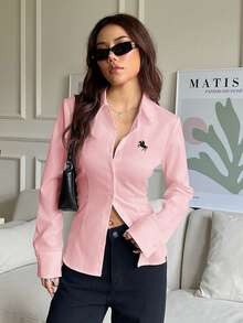SHEIN EZwear 100%純棉粉色女款休閒百搭款前扣式後腰繫帶修身長袖襯衫，適合秋冬，百搭風格 - 淺粉色 - 查看 3