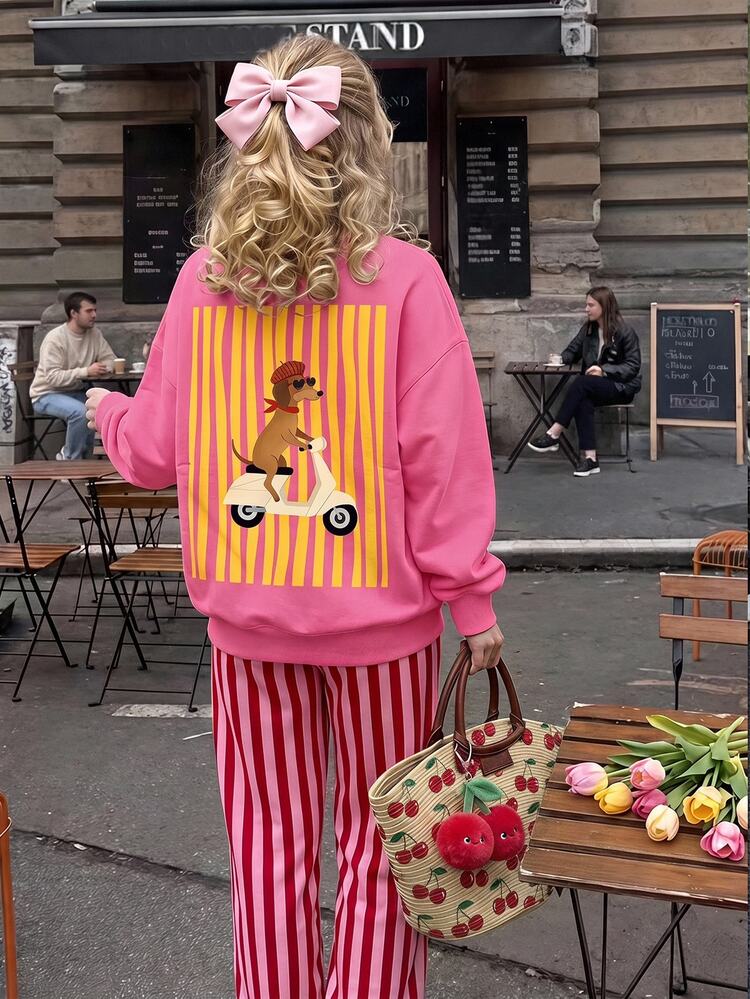 SHEIN Teen Girls Vintage Pink Dachshund Print Loose Drop Shoulder Long Sleeve Sweatshirt And Pleated Wide Leg Sweatpants Set, Suitable For Daily Commute, Date, Party, Autumn/Winter, Beach, Fashion, Casual, Outing, Elegant, Vacation, Y2K, Graduation Ceremony And More - Multicolor - View 10