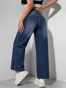 SHEIN PETITE 女款休閒百搭藍色丹寧直筒長褲，附口袋 - 深色水洗藍 - 查看 2