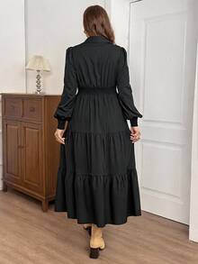 Shapeblank Plus Size Shirred Waist Pocket Button Long Sleeve Dress Fall - Black - View 3