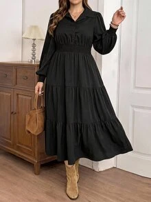 Shapeblank Plus Size Shirred Waist Pocket Button Long Sleeve Dress Fall - Black - View 2