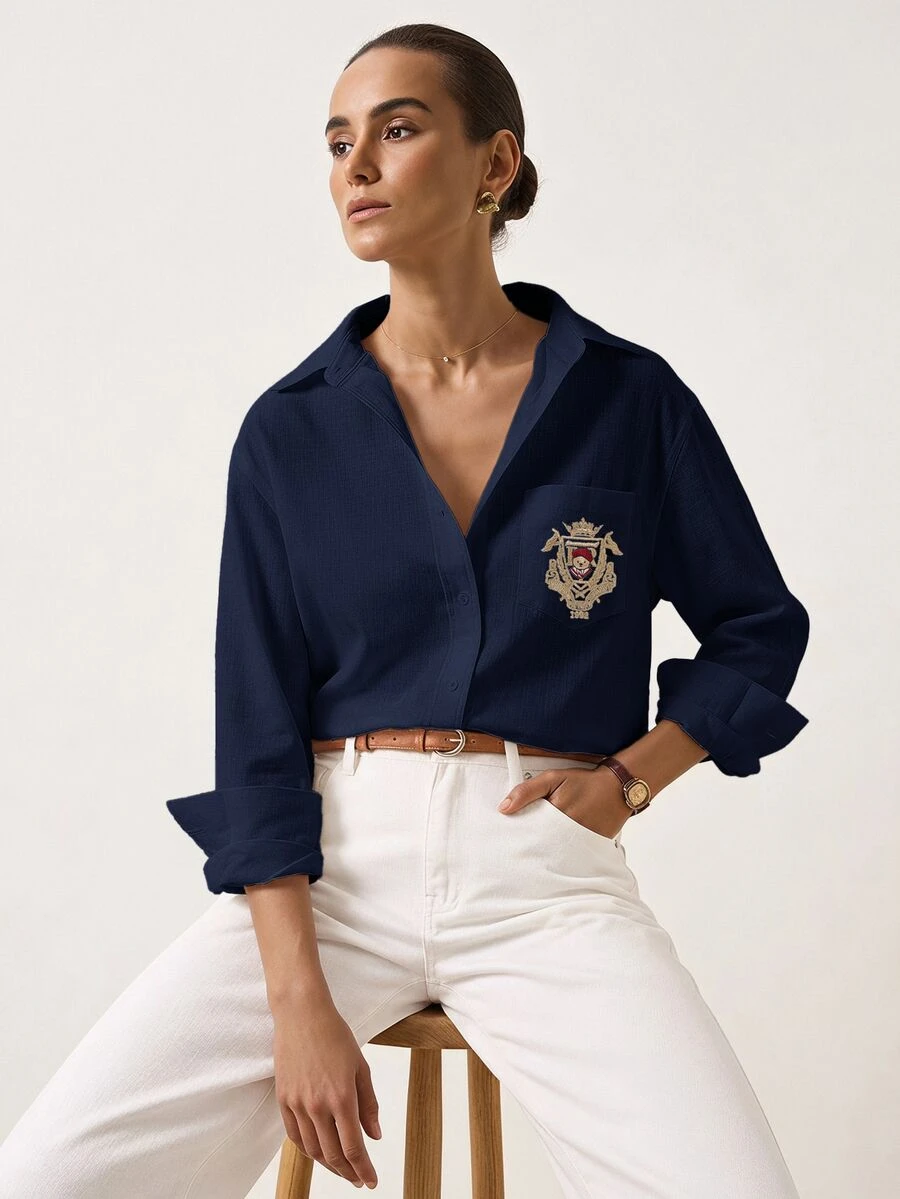Briarwyn Women's Cartoon Bear Pattern Long Sleeve Single-Breasted Casual Pocket Shirt - Navy Blue - View 1