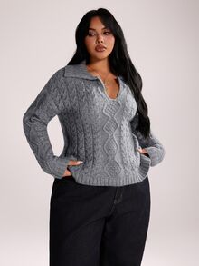 Rustia Plus Size Women Ribbed Texture Polo Collar Long Sleeve Pullover Sweater, Autumn/Winter Back To School Season - Grey - View 5