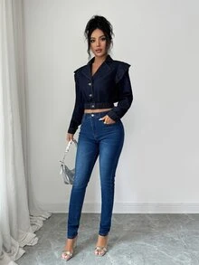 Elenzga Damers mode street kort denimtopp med knappar - Blå - Visa 1