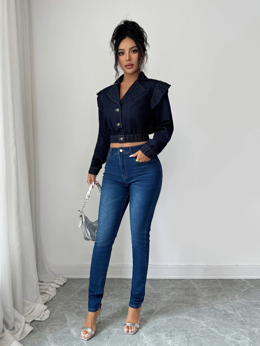 Elenzga Damers mode street kort denimtopp med knappar - Blå - Visa 1