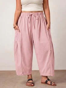 Enliva Plus Size Loose Fit Drawstring Casual Cropped Pants Fall - Pink - View 6