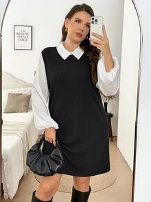 Easowa Curve Gaun Wanita Ukuran Besar dengan Warna Kontras Hitam & Putih, Musim Gugur/Dingin - Hitam dan Putih - View 1