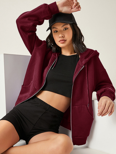 SHEIN BASICS Cozy Fleece Drop Shoulder Zipper Up Hooded Sweatshirt,Long Sleeve Tops In Autumn Clothes Work Casual Athleisure