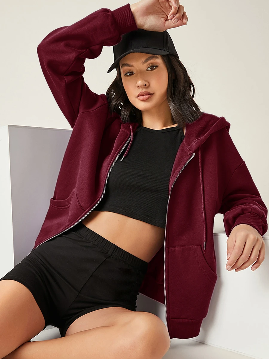 SHEIN BASICS 舒適抓絨落肩拉鍊連帽衛衣,秋冬長袖上衣 - 酒紅色 - 查看 1