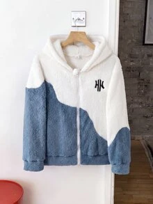 SHEIN 男童秋冬抓絨連帽字母印花夾克，校園夾克，運動夾克 - 彩色 - 查看 5