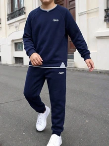 SHEIN 兒童 2 件組 青少年男孩休閒字母圖案 2 合 1 連帽衛衣與運動長褲，適合秋冬返校季 - 寶藍色 - 查看 5