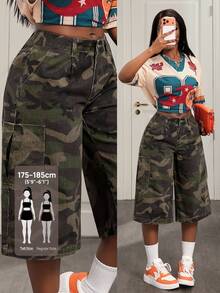 SHEIN Tall Women's Tall Multi-Pocket Camouflage Print Washed Denim Jeans - Multicolor - View 1