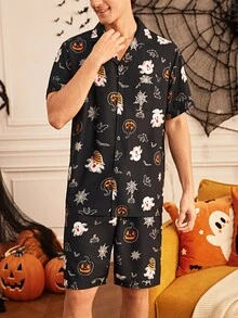 Provexi Provexi Men's Fun Halloween Pattern Print Lapel Collar Button-Down Short Sleeve Shorts Pajama Set - Multicolor - View 5