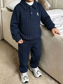 2pcs/Set Boys' Sweatshirt & Pants Set, Autumn/Winter New Knit Ribbed Ribbed Fabric Long Sleeve Polo Collar Sweatshirt & Long Pants Set, Comfortable Casual Outfit, Suitable For Daily Wear, Home Wear, Brother Outfit, Soft And Comfortable Fabric, Suitable For Autumn/Winter Wear, Suitable For Boys' Daily Wear - Navy Blue - View 1