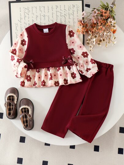 SHEIN Playful Pals 2 peças Top de Manga Comprida + Calças para Bebé Menina, Fofo e Doce, Borgonha Rosa, Laço, Floral, Babados, Manga Comprida, Gola Redonda, Corte Regular, Aniversário, Outono, Feriado, Natal
