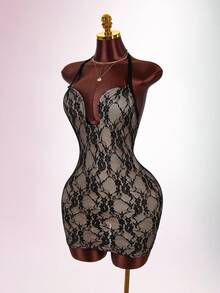 Amplova Gaun Mini Bodycon Renda Dua Warna dengan Kawat Penyangga, Desain Punggung Terbuka Berkerut, Gaya Y2K Seksi untuk Wanita - Hitam - View 2