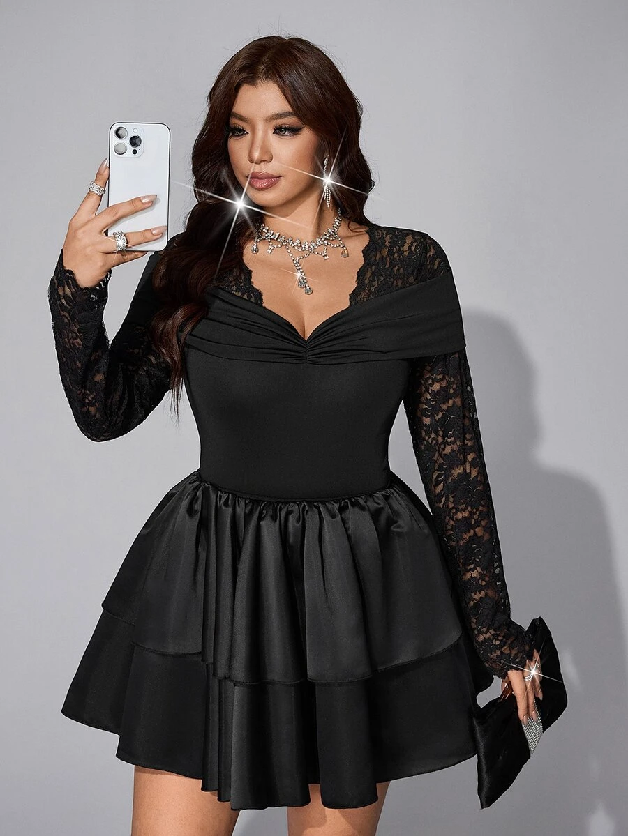 Viva Relle Plus Size Women's Elegant V-Neck Lace Patchwork Solid Fabric Elegant Ruched Collar T-Shirt, Daily Wear, Commute Wear Fall - Black - View 1