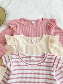 SHEIN 3pcs Baby Girls Ribbed Flutter Sleeve Long Sleeve T-Shirts, Autumn/Winter New Round Neck Tops, Including Ribbed And Solid Color, Sweet Versatile Base Layer For Little Girls - Multicolor - View 5