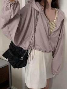 DAZY 休閒連帽輕量短版長袖女款襯衫 - 粉色 - 查看 4