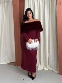 GalTyme Plus Size Women's Plush Patchwork Elegant Waist-Cinching Party Dress Fall - Burgundy - View 3