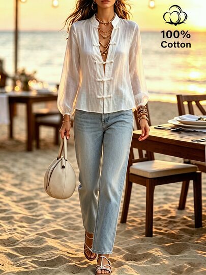 SHEIN Holidaya Women's Vintage New Chinese Style Stand Collar Top, Traditional Frog Button Lantern Long Sleeve Textured Fabric Short Casual Shirt, Retro Chinese Style White Everyday Blouse