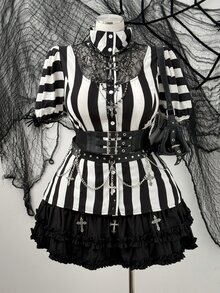 Sunspun Plus Size Halloween Striped Lace Patchwork Blouse - Multicolor - View 1