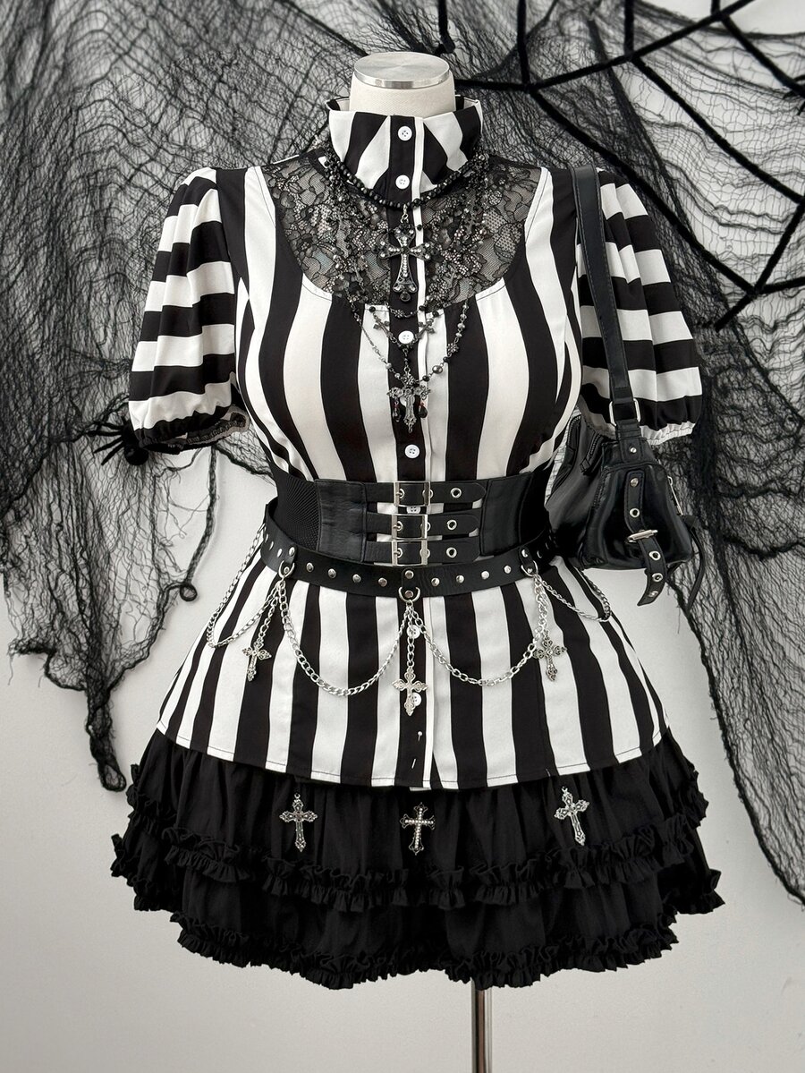 Sunspun Plus Size Halloween Striped Lace Patchwork Blouse - Multicolor - View 1