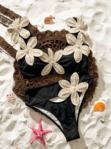 Bonvoyette Spring/Summer Girls Fashion Hot-Selling Viral Vacation Sexy Starfish & Pearl Decor Random Placement Two-Piece Bikini Set - Black - View 6