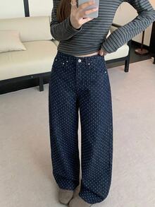 DAZY 女款時尚百搭鈕扣口袋波點寬鬆牛仔褲 - 深色水洗藍 - 查看 8