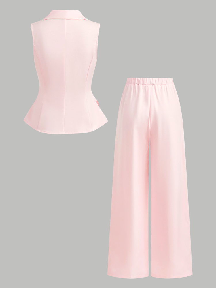 SHEIN Teen Girl Teen Girls French V-Neck Light Pink Twisted Metal Decor Waist-Cinching Sleeveless Vest And Straight Leg Trousers 2 Pieces Set, Suitable For Daily Commute - Pink - View 2