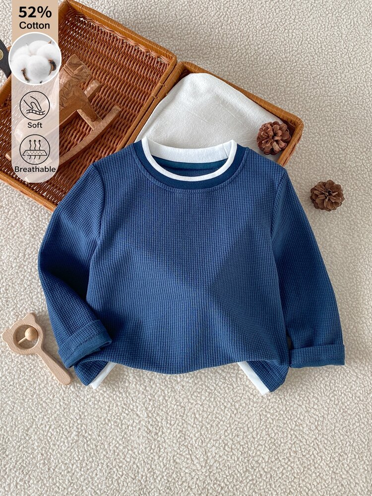 SHEIN Young Boy Waffle Knit 2 In 1 Long Sleeve Top, Casual Minimalist Versatile Knit Sweater For Outerwear And Layering - Navy Blue - View 5