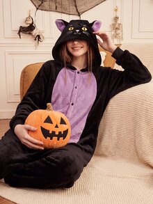 Provexi Provexi Halloween Flannel Black Cat Cartoon One-Piece Pajamas For Women, Hooded Animal Design Loose Fit Loungewear - Black - View 1
