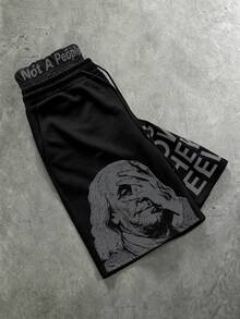 PAVTROS Men's Versatile Slogan Print Drawstring Waist Pocket Shorts Wide Leg - Black - View 2