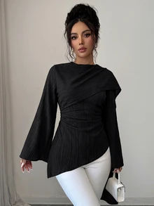 Elenzga 深棕色抓皺裹身女款上衣，不對稱下擺與超長喇叭袖設計，休閒上衣，適合通勤、購物與約會 - 黑色 - 查看 4