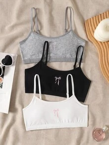 SHEIN مجموعة 3 قطع حمالات صدر للفتيات المراهقات بتصميم بسيط وكاجوال، بياقة مربعة وأكواب مبطنة، ناعمة على البشرة ومريحة، مطرزة بنمط فيونكة، ملابس داخلية للطالبات، باللون الأبيض، لجميع الفصول - متعدد الألوان - مشاهدة 7