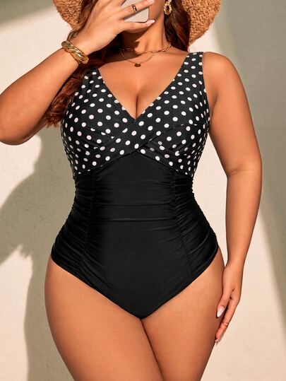 Swim Mod Plus Size Women's Polka Dot Color Block One-Piece Swimsuit, Suitable For Beach Vacation, Pool Party, Beach Party