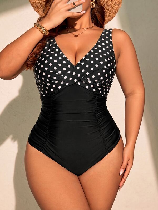 Swim Mod Plus Size Women's Polka Dot Color Block One-Piece Swimsuit, Suitable For Beach Vacation, Pool Party, Beach Party