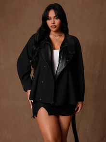 Rustia Plus Size Solid Color Long Sleeve Casual PU Collar Patchwork Woven Cinched Cinched Waist Jacket, Autumn/Winter - Black - View 3