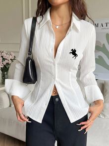 SHEIN EZwear 女款休閒長袖襯衫，秋冬服飾，通勤穿搭 - 白色 - 查看 7