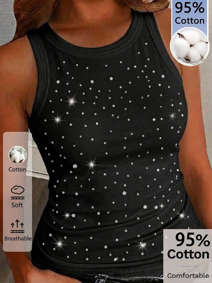 Slaydiva Plus Size Casual Basic Fitted Rhinestone Black Round Neck Off-Shoulder Tank Top - Black - View 1