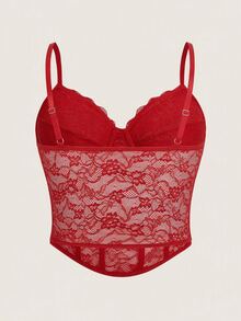 SHEIN ICON 黑色束腰大碼蕾絲細肩帶背心上衣 - 紅色 - 查看 7